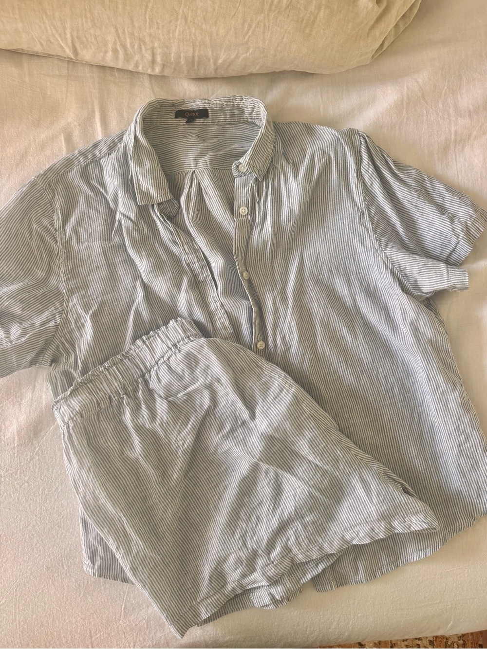 Quince Light Blue & White Striped French linen set